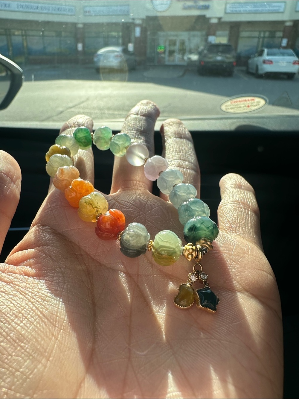 Multicolor Carved Agate Bead Bracelet with Gold Charm